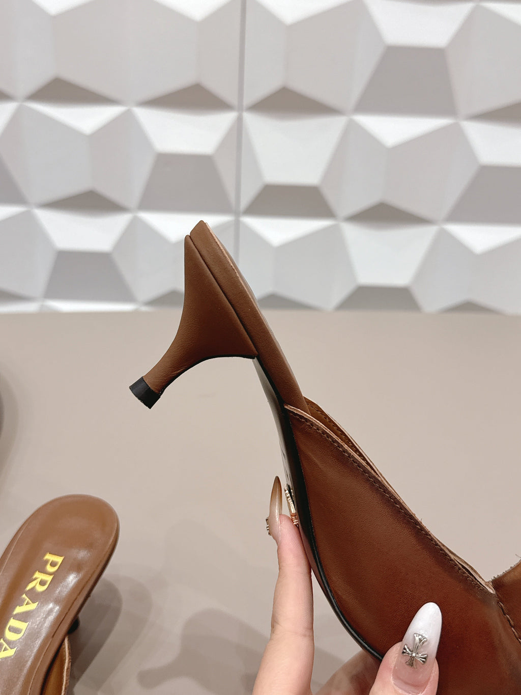 PRADA 26S POINTED TOE LACE TRIM MULES 55MM IN CARAMEL BROWN CALFSKIN