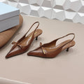 PRADA 26S POINTED TOE SLINGBACK HIGH HEELS 55MM IN BROWN CALFSKIN WITH BOW