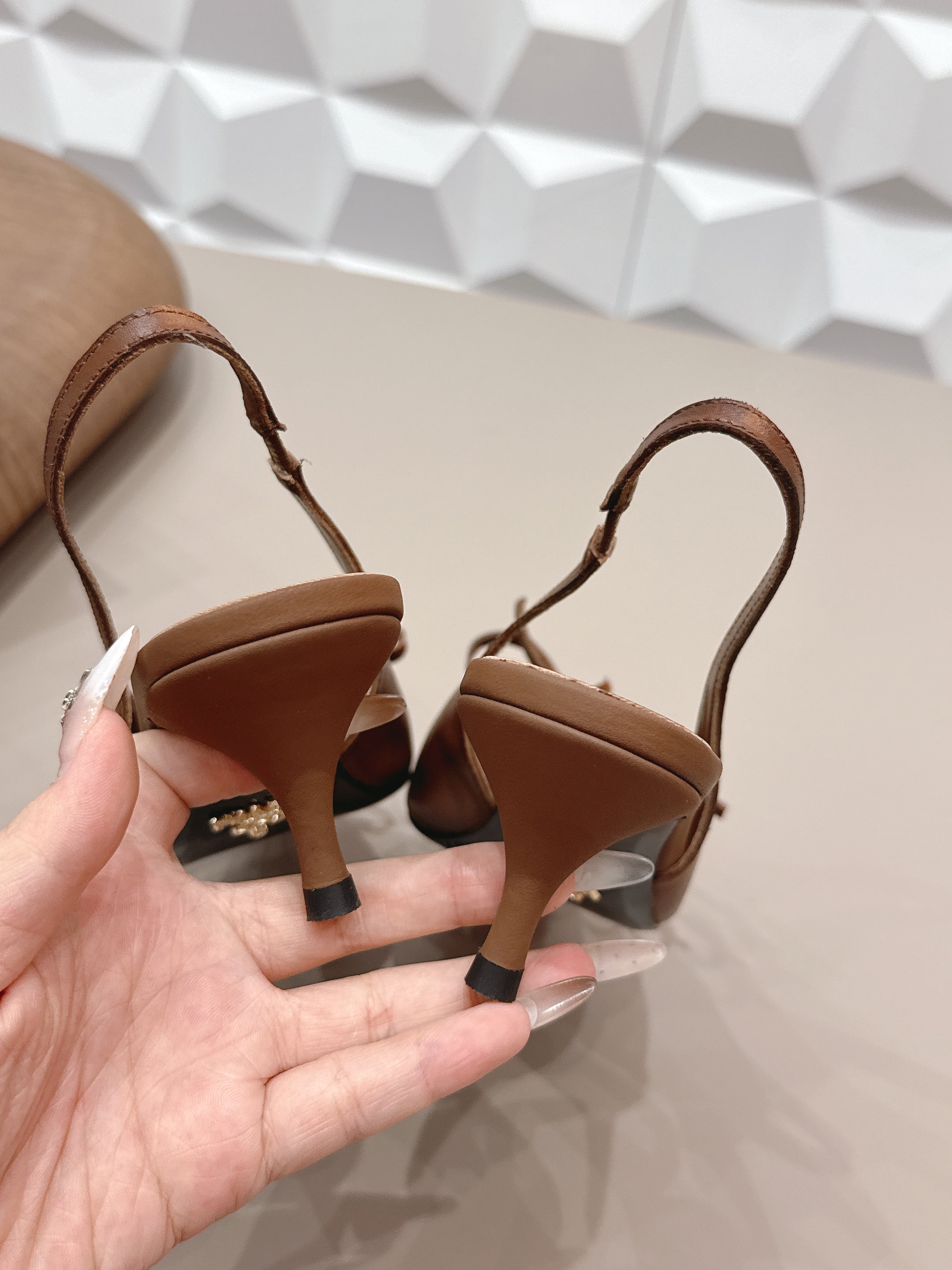 PRADA 26S POINTED TOE SLINGBACK HIGH HEELS 55MM IN BROWN CALFSKIN WITH BOW