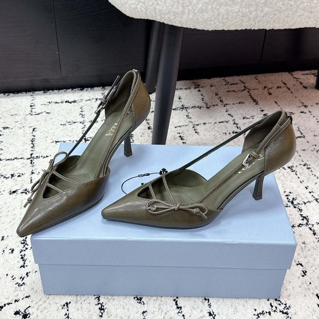 PRADA 26S POINTED-TOE HIGH HEELS 75MM IN OLIVE BROWN CALFSKIN WITH BOW