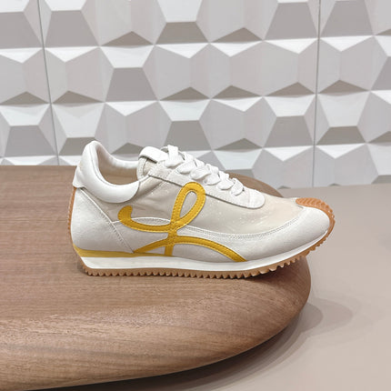 LOEWE 26S FLOW RUNNER SNEAKER IN WHITE YELLOW SUEDE AND CLEAR PLASTIC AND CALFSKIN