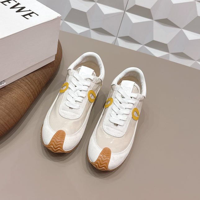 LOEWE 26S FLOW RUNNER SNEAKER IN WHITE YELLOW SUEDE AND CLEAR PLASTIC AND CALFSKIN