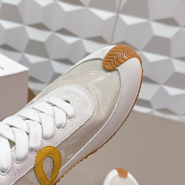 LOEWE 26S FLOW RUNNER SNEAKER IN WHITE YELLOW SUEDE AND CLEAR PLASTIC AND CALFSKIN