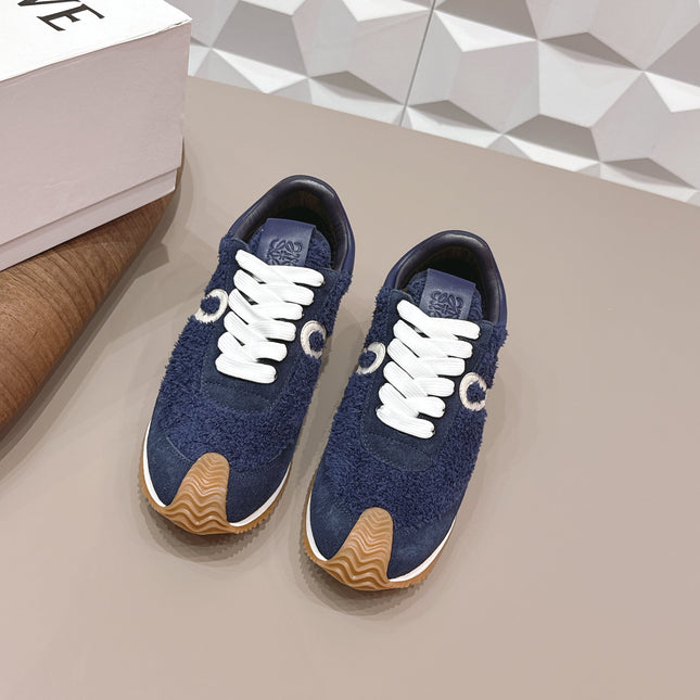 LOEWE 26S FLOW RUNNER SNEAKER IN NAVY BLUE SUEDE AND TEDDY FABRIC AND CALFSKIN