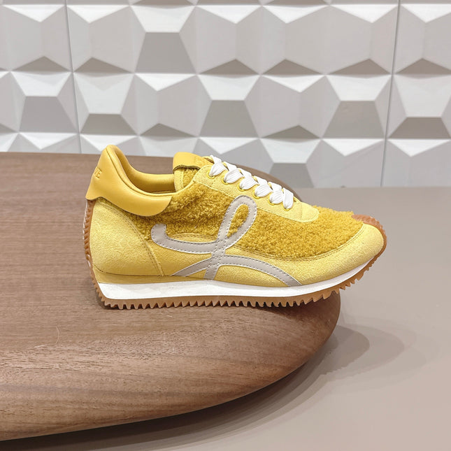 LOEWE 26S FLOW RUNNER SNEAKER IN YELLOW SUEDE AND TEDDY FABRIC AND CALFSKIN