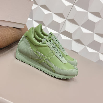 LOEWE 26S FLOW RUNNER SNEAKER IN OLIVE GREEN CALFSKIN AND SUEDE