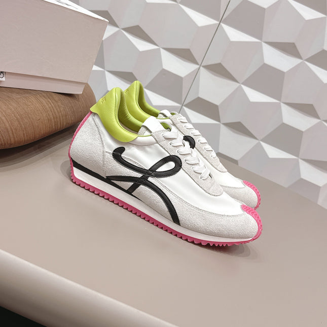 LOEWE 26S FLOW RUNNER SNEAKER IN LIGHT GRAY SUEDE AND LIME YELLOW AND BLACK CALFSKIN