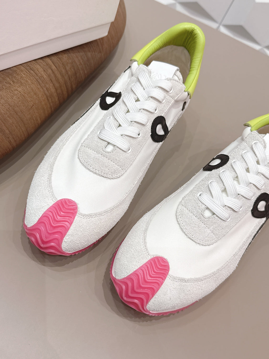 LOEWE 26S FLOW RUNNER SNEAKER IN LIGHT GRAY SUEDE AND LIME YELLOW AND BLACK CALFSKIN