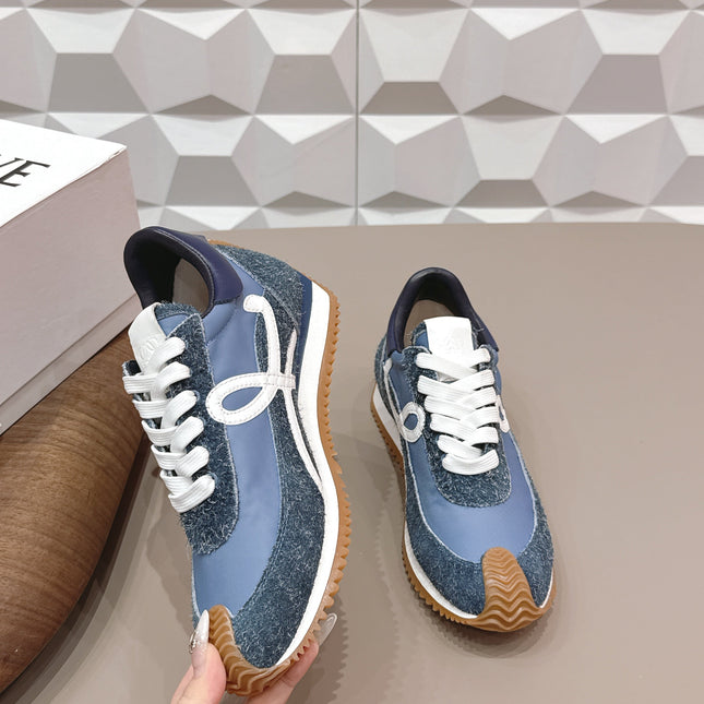 LOEWE 26S FLOW RUNNER SNEAKER IN SLATE BLUE SUEDE AND NAVY BLUE CALFSKIN