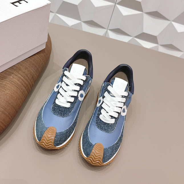 LOEWE 26S FLOW RUNNER SNEAKER IN SLATE BLUE SUEDE AND NAVY BLUE CALFSKIN
