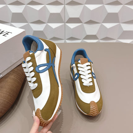 LOEWE 26S FLOW RUNNER SNEAKER IN OLIVE BROWN AND WHITE SUEDE AND BLUE CALFSKIN