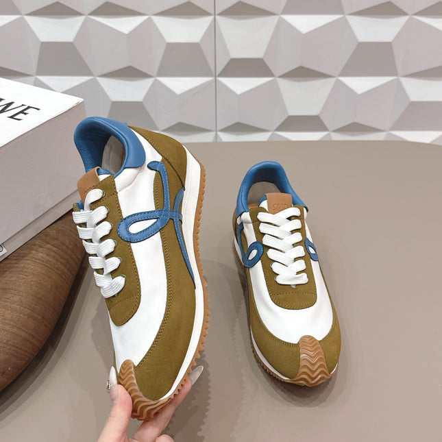 LOEWE 26S FLOW RUNNER SNEAKER IN OLIVE BROWN AND WHITE SUEDE AND BLUE CALFSKIN