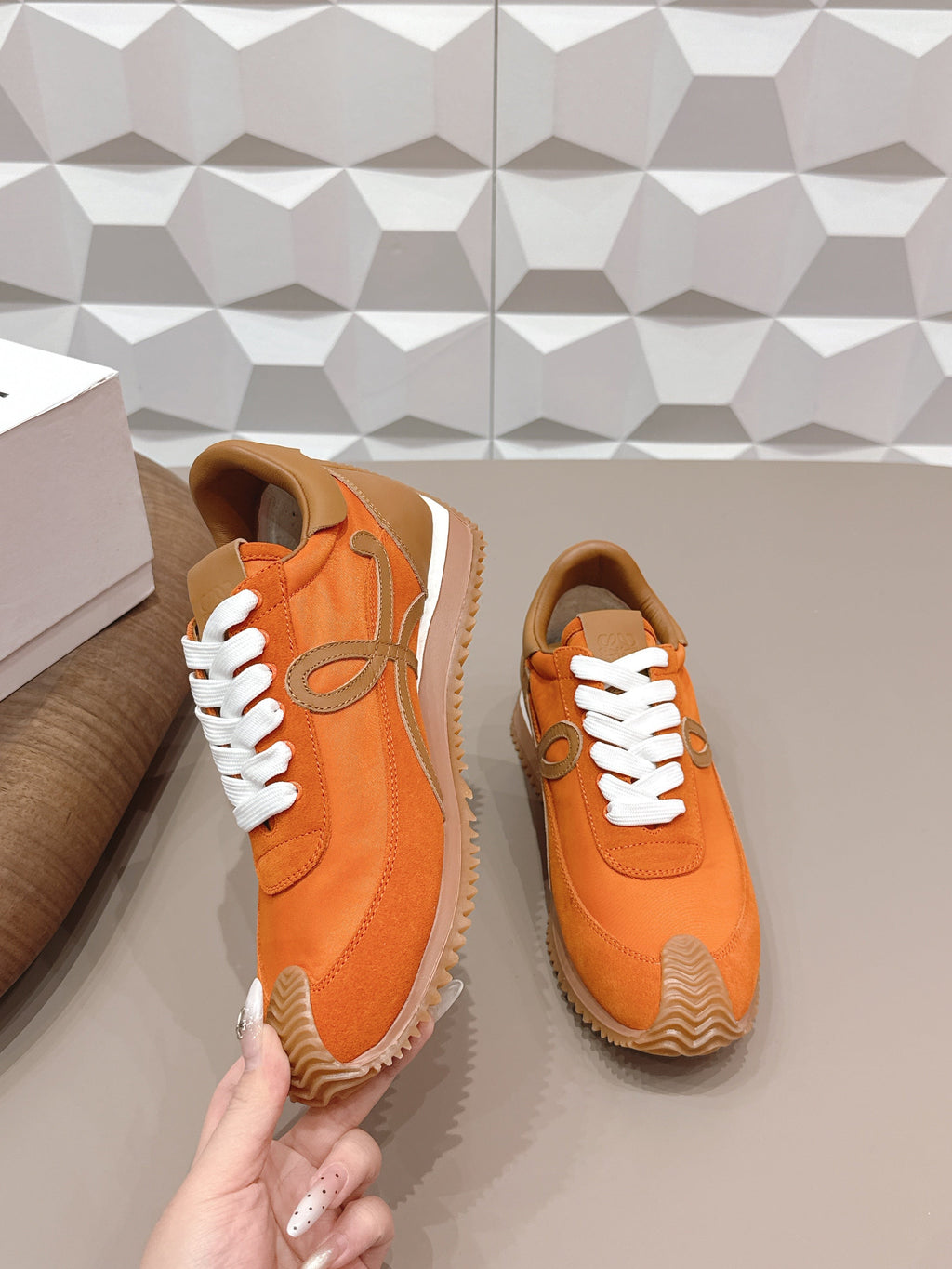 LOEWE 26S FLOW RUNNER SNEAKER IN ORANGE SUEDE AND BROWN CALFSKIN