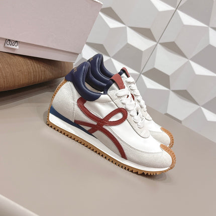 LOEWE 26S FLOW RUNNER SNEAKER IN LIGHT GRAY SUEDE AND NAVY BLUE AND RED CALFSKIN