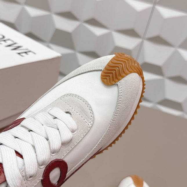 LOEWE 26S FLOW RUNNER SNEAKER IN LIGHT GRAY SUEDE AND NAVY BLUE AND RED CALFSKIN