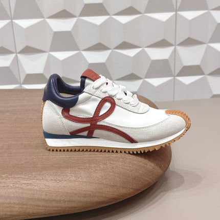 LOEWE 26S FLOW RUNNER SNEAKER IN LIGHT GRAY SUEDE AND NAVY BLUE AND RED CALFSKIN