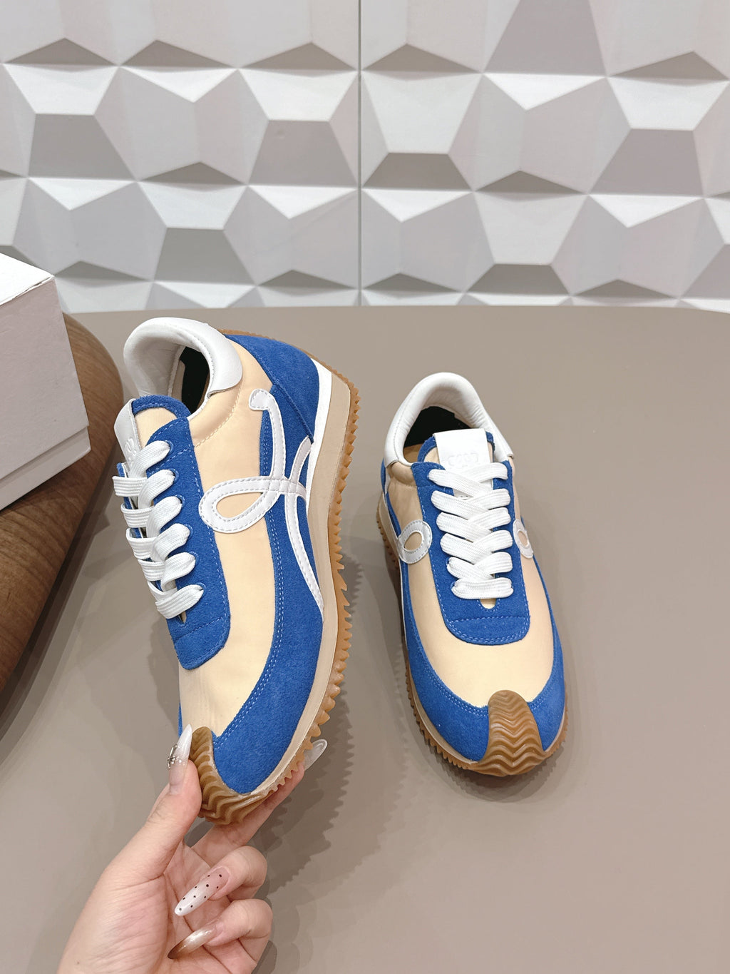 LOEWE 26S FLOW RUNNER SNEAKER IN BLUE AND NUDE SUEDE AND WHITE CALFSKIN