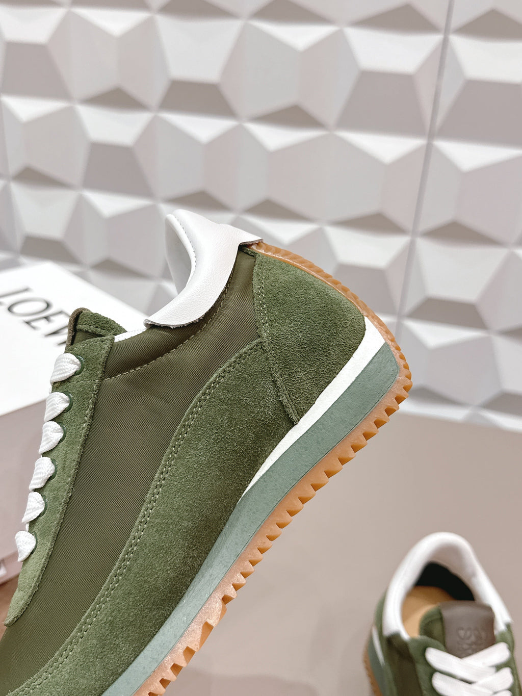 LOEWE 26S FLOW RUNNER SNEAKER IN DARK OLIVE GREEN SUEDE AND WHITE CALFSKIN
