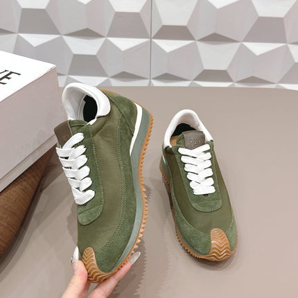 LOEWE 26S FLOW RUNNER SNEAKER IN DARK OLIVE GREEN SUEDE AND WHITE CALFSKIN
