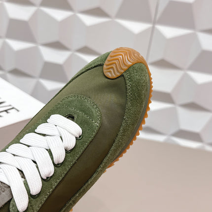 LOEWE 26S FLOW RUNNER SNEAKER IN DARK OLIVE GREEN SUEDE AND WHITE CALFSKIN