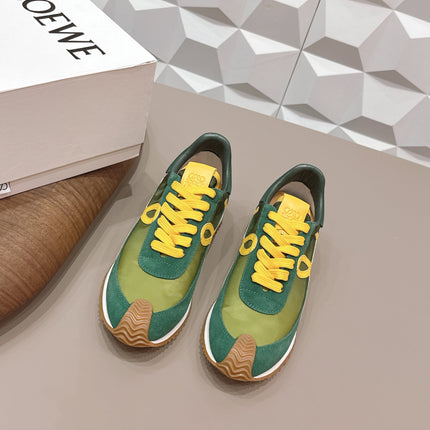 LOEWE 26S FLOW RUNNER SNEAKER IN GREEN AND YELLOW SUEDE AND CALFSKIN