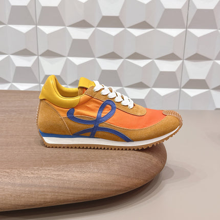 LOEWE 26S FLOW RUNNER SNEAKER IN CARAMEL BROWN SUEDE AND GOLDEN YELLOW CALFSKIN