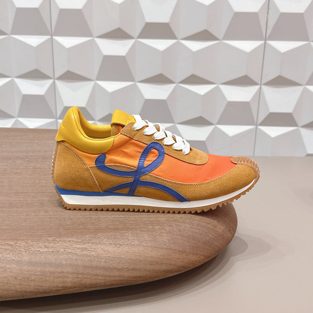 LOEWE 26S FLOW RUNNER SNEAKER IN CARAMEL BROWN SUEDE AND GOLDEN YELLOW CALFSKIN
