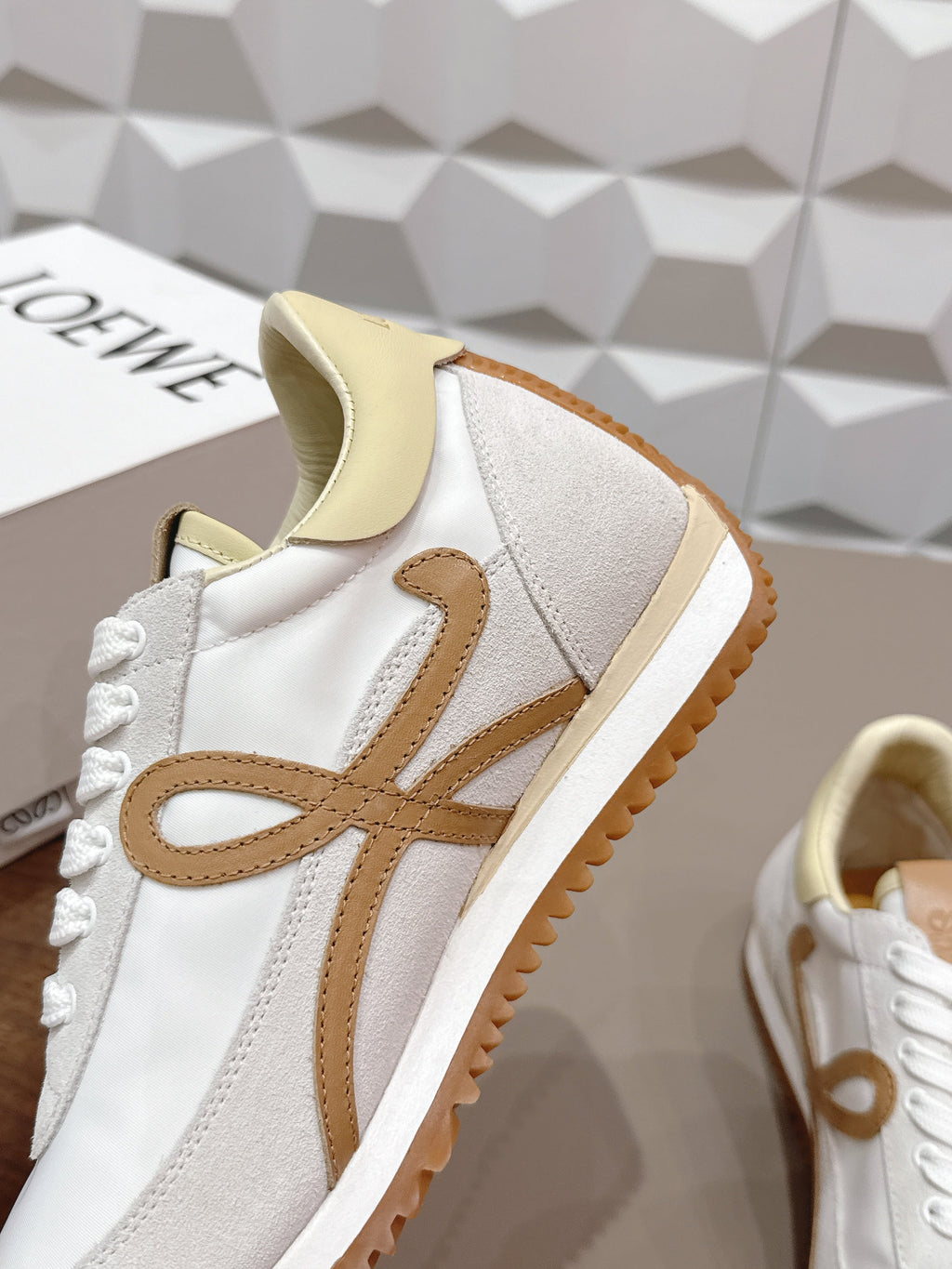LOEWE 26S FLOW RUNNER SNEAKER IN WHITE SUEDE AND LIGHT YELLOW CALFSKIN