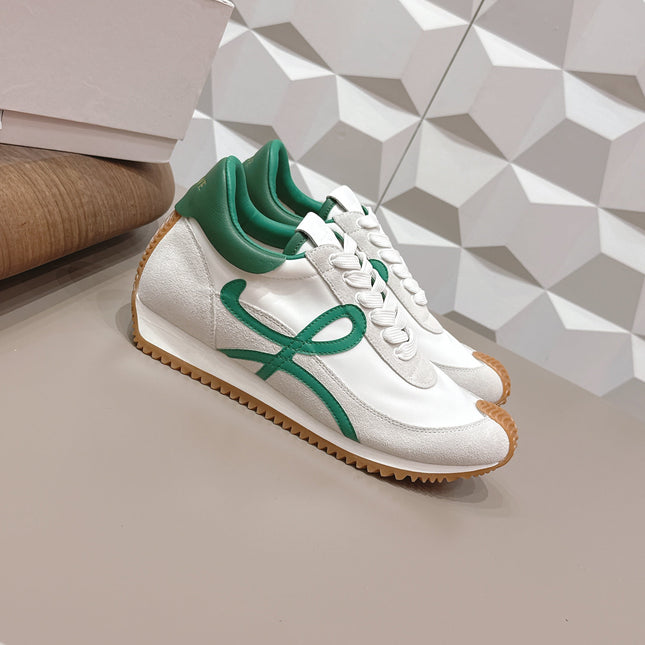 LOEWE 26S FLOW RUNNER SNEAKER IN WHITE SUEDE AND DEEP TEAL GREEN CALFSKIN