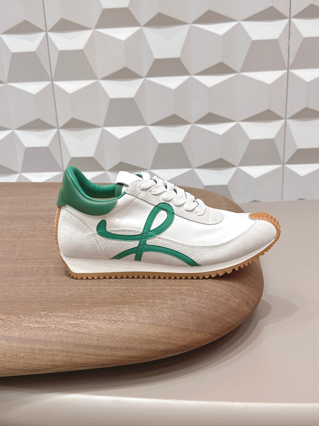 LOEWE 26S FLOW RUNNER SNEAKER IN WHITE SUEDE AND DEEP TEAL GREEN CALFSKIN