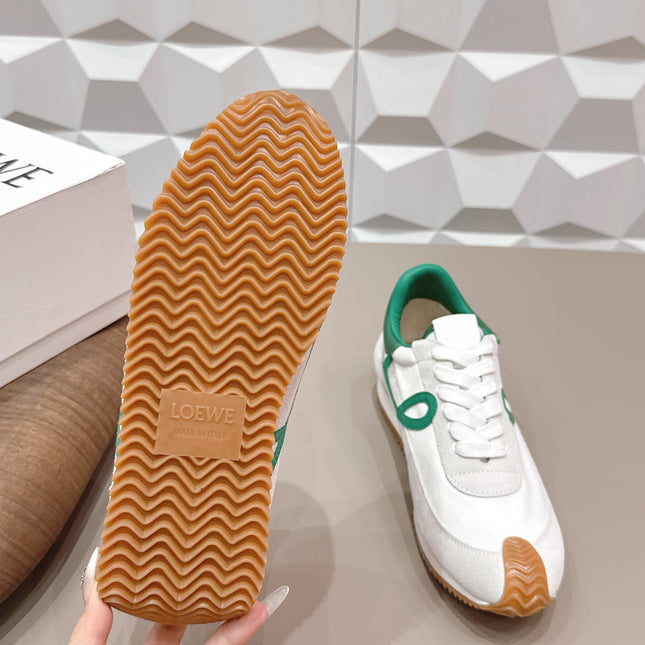LOEWE 26S FLOW RUNNER SNEAKER IN WHITE SUEDE AND DEEP TEAL GREEN CALFSKIN