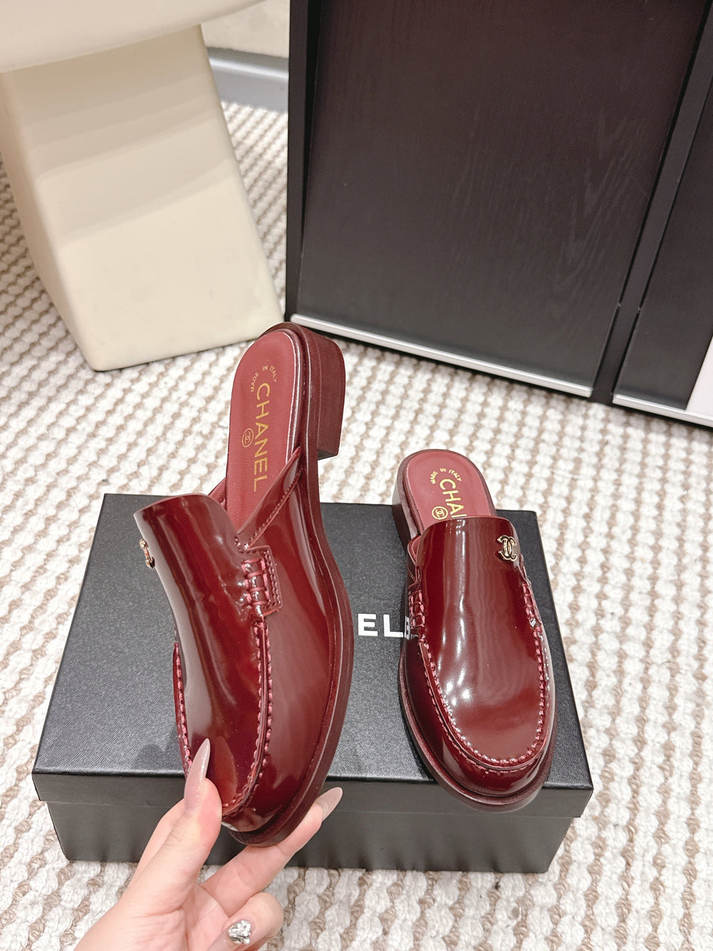 CHANEL 26S LOAFER MULES IN DARK RED GLOSSY CALFSKIN