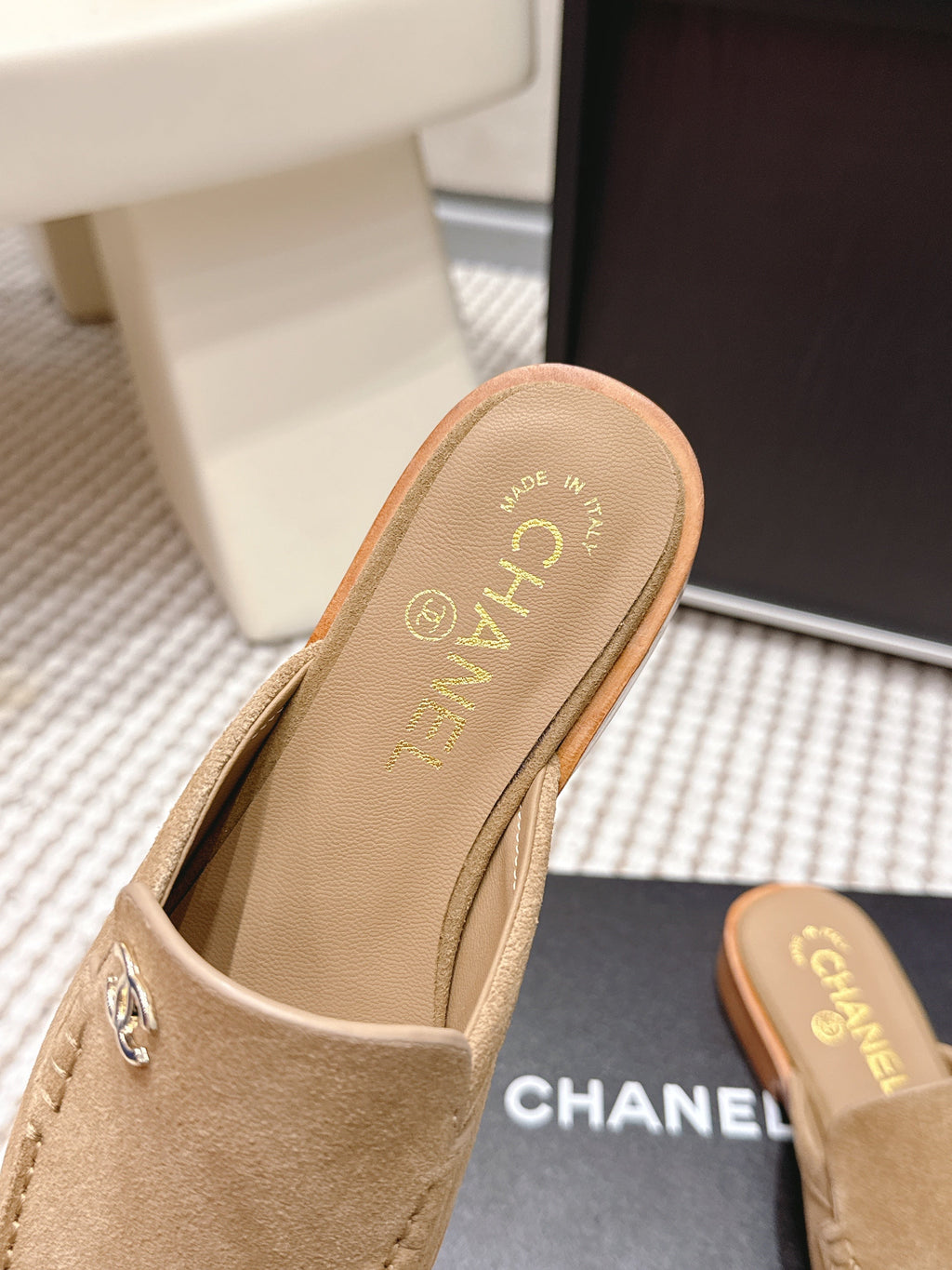 CHANEL 26S LOAFER MULES IN LIGHT BROWN SUEDE