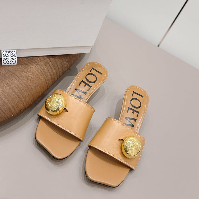 LOEWE 26S SQUARE TOE SANDALS 45MM IN TAN BROWN CALFSKIN GOLD HARDWARE