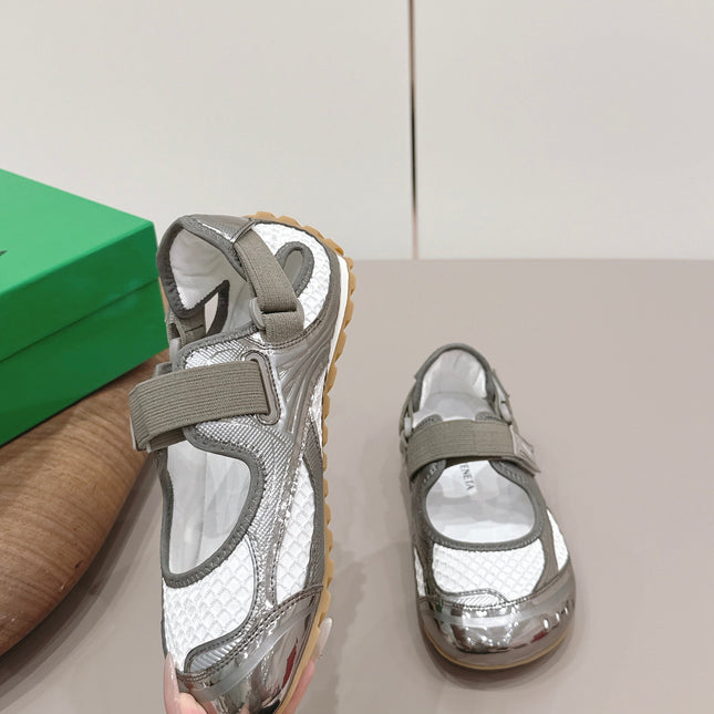 BOTTEGA VENETA 26S ORBIT FLASH MARY JANE IN GREY AND WHITE BREATHABLE MESH