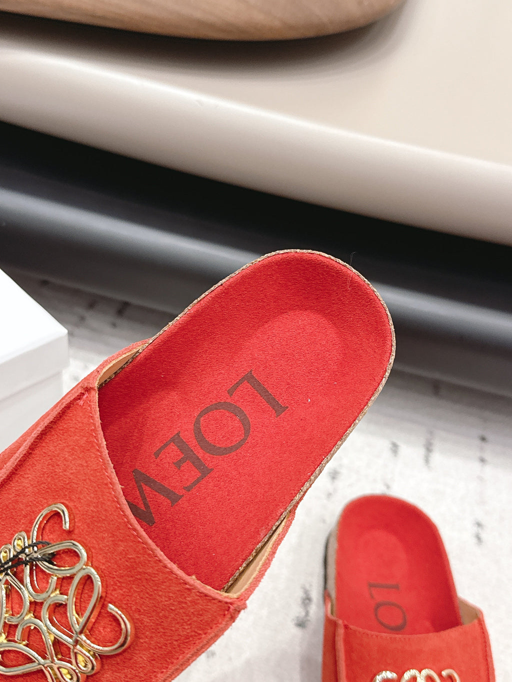 LOEWE 26S FLAT SANDALS IN RED LOGO GOLD HARDWARE
