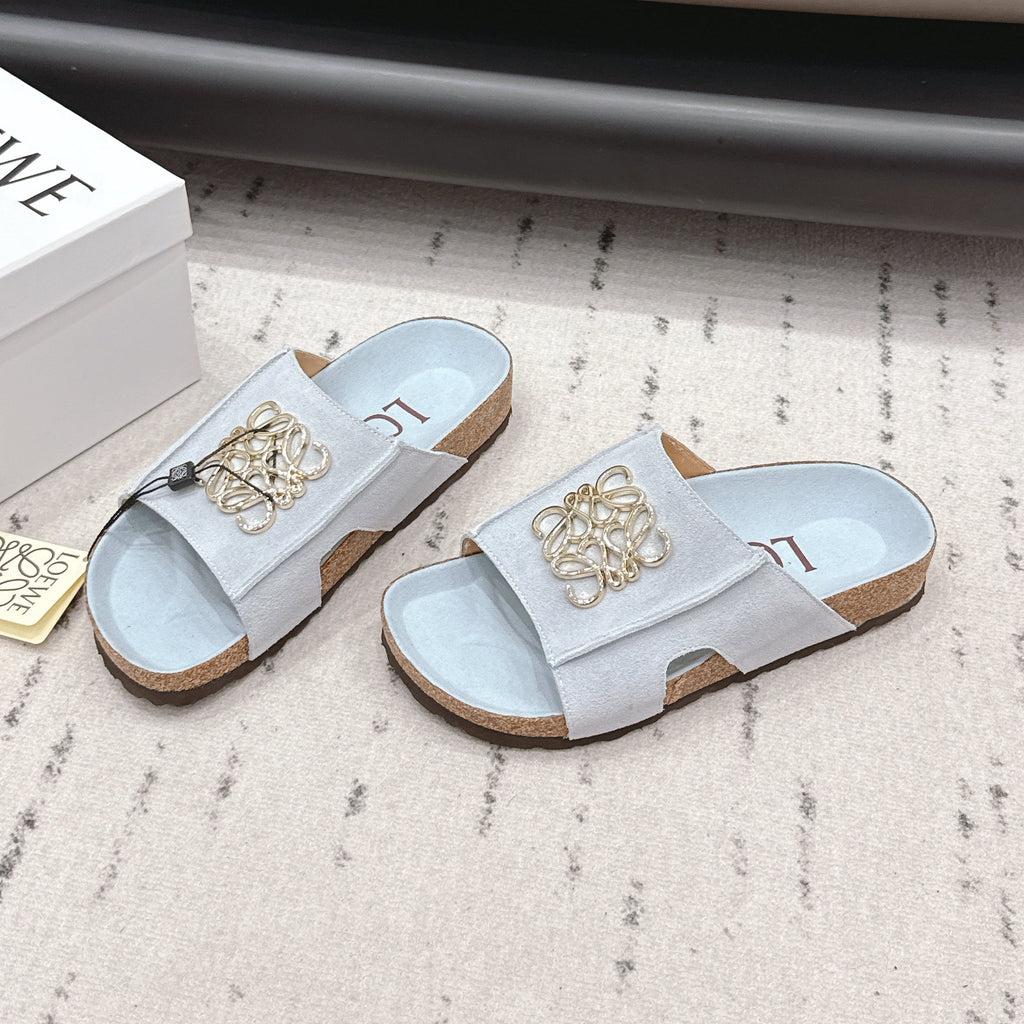 LOEWE 26S FLAT SANDALS IN LIGHT BLUE LOGO GOLD HARDWARE