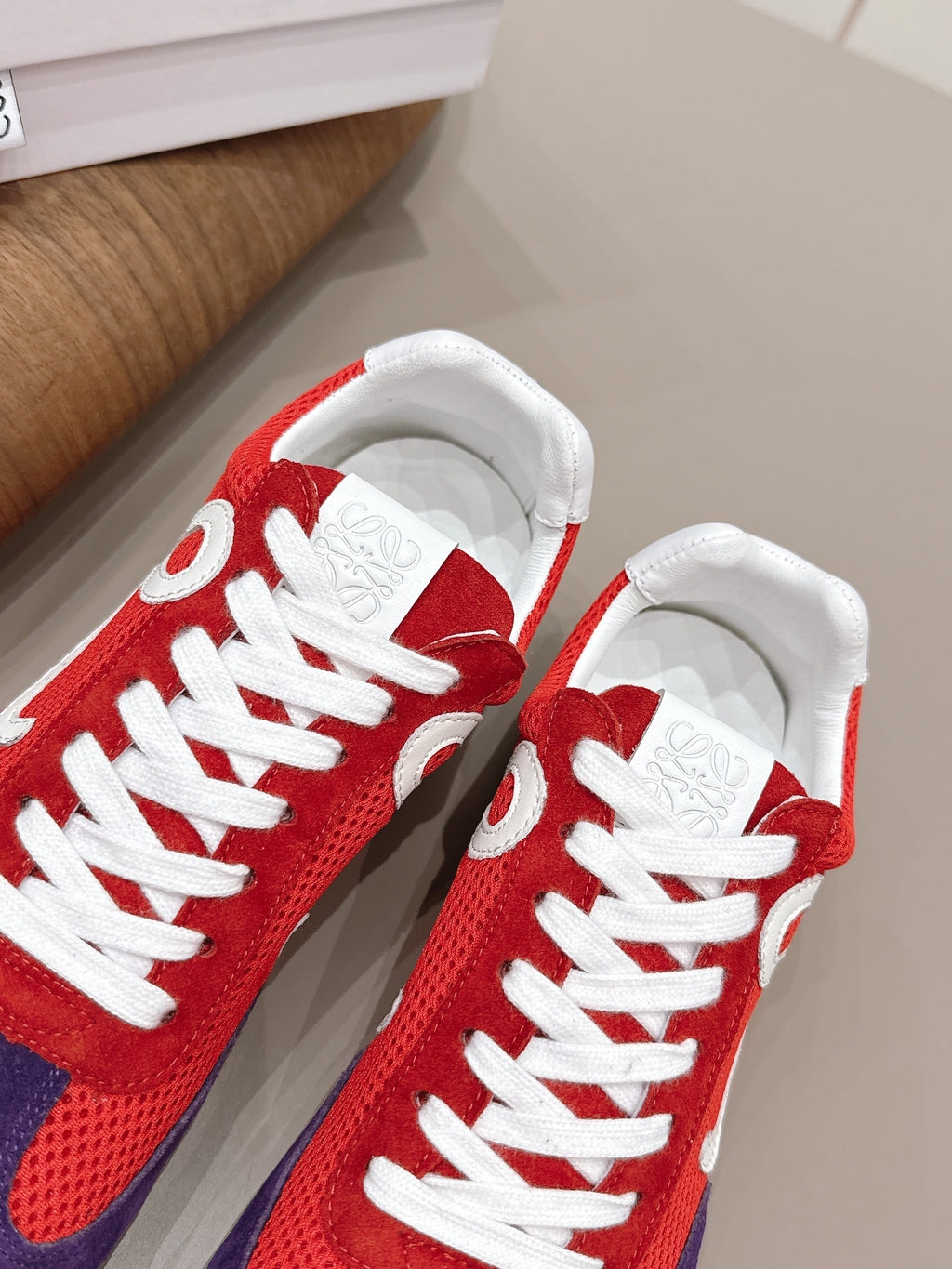 LOEWE 26S BALLET RUNNER 2.0 IN RED AND DARK PURPLE SUEDE AND MESH