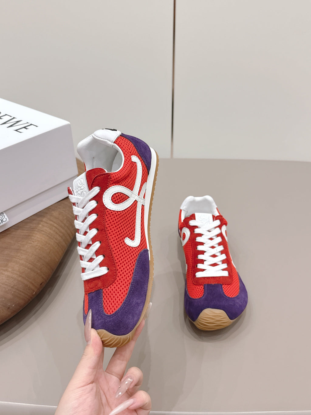LOEWE 26S BALLET RUNNER 2.0 IN RED AND DARK PURPLE SUEDE AND MESH