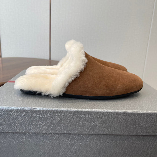 PRADA 25S CLOGS IN BROWN SUEDE FUR-LINED