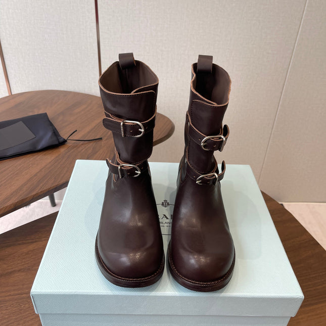 PRADA 25S TWO-BUTTON COWBOY BOOTS IN DARK BROWN CALFSKIN WITH SILVER HARDWARE