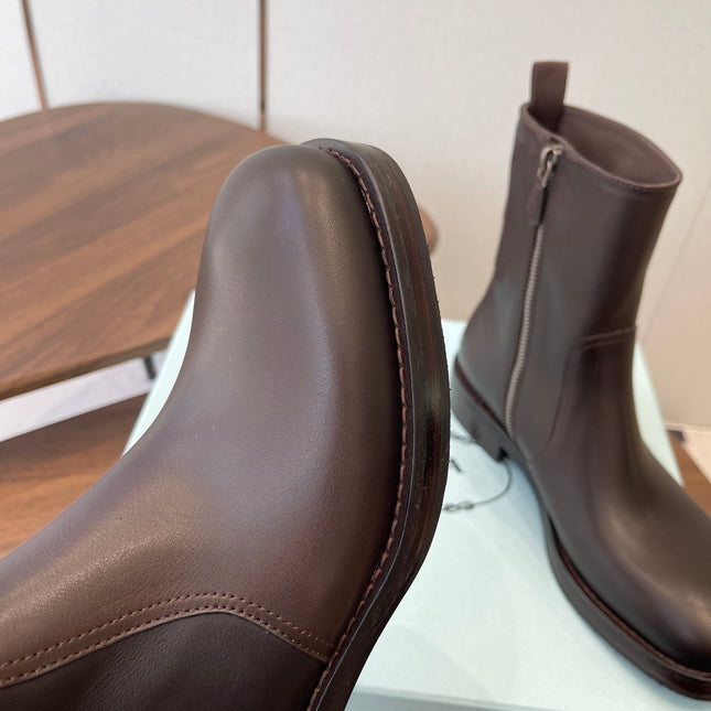 PRADA 25S COWBOY BOOTS IN DARK BROWN CALFSKIN