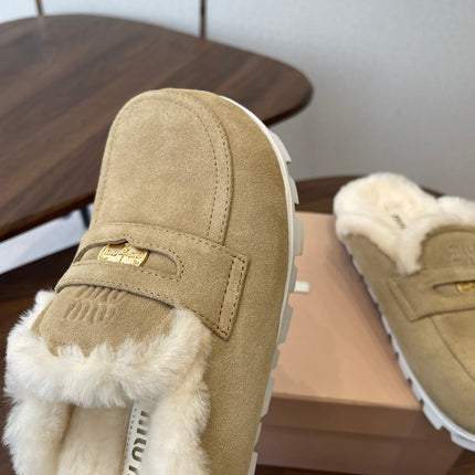 MIUMIU 25S MULES SLIPPERS SHEEPWOOL IN LIGHT BROWN SUEDE