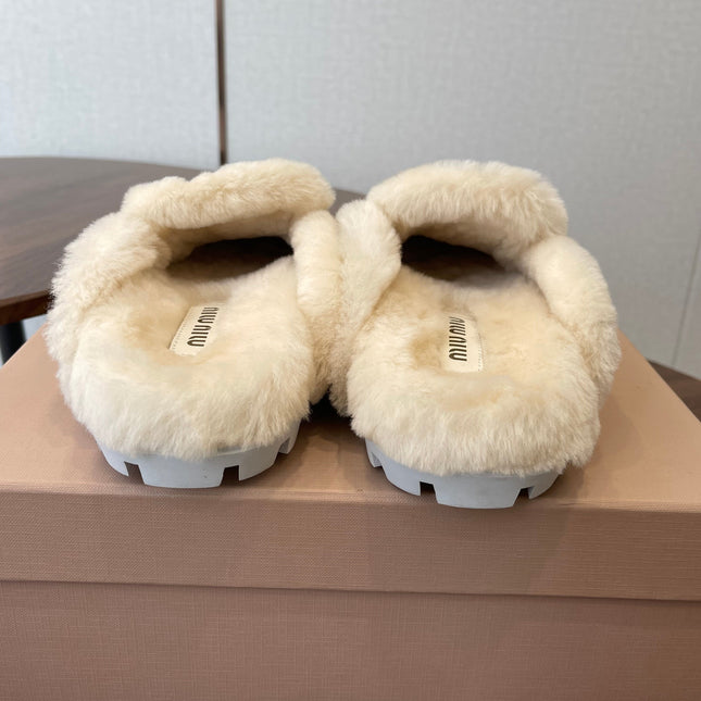 MIUMIU 25S MULES SLIPPERS SHEEPWOOL IN LIGHT BROWN SUEDE