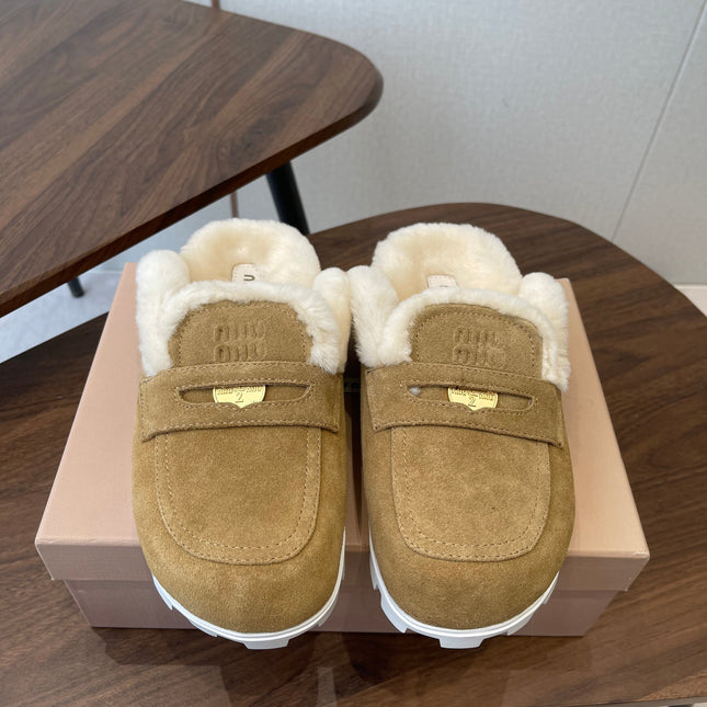 MIUMIU 25S MULES SLIPPERS SHEEPWOOL IN BROWN SUEDE