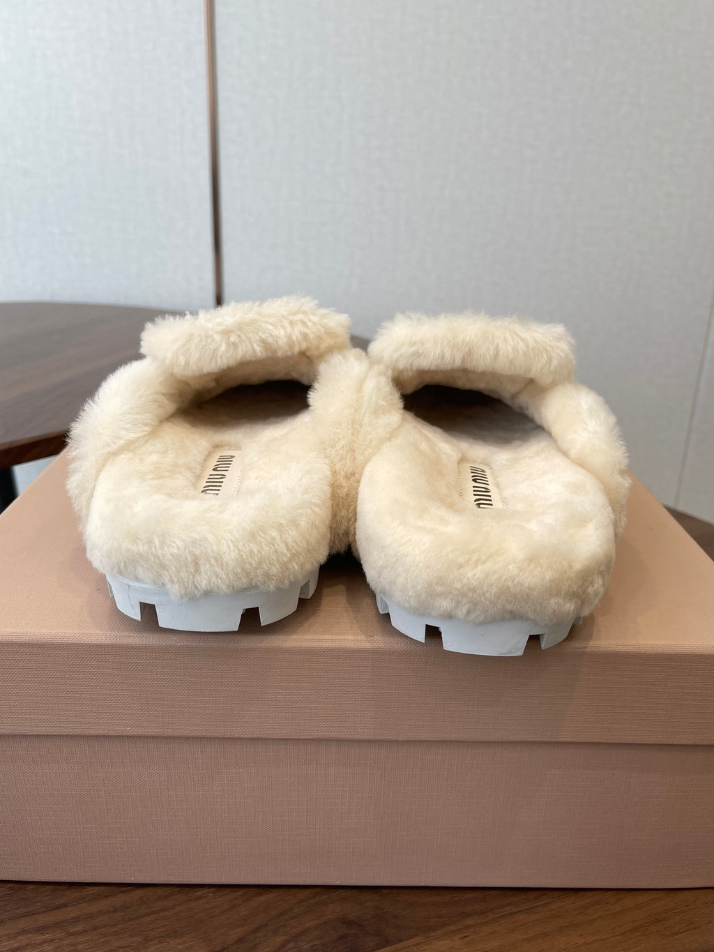 MIUMIU 25S MULES SLIPPERS SHEEPWOOL IN DARK BROWN SUEDE