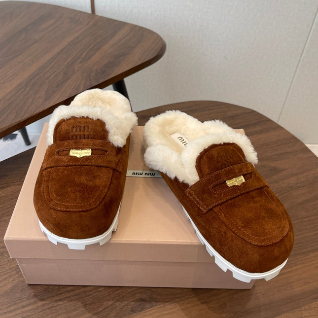 MIUMIU 25S MULES SLIPPERS SHEEPWOOL IN DARK BROWN SUEDE