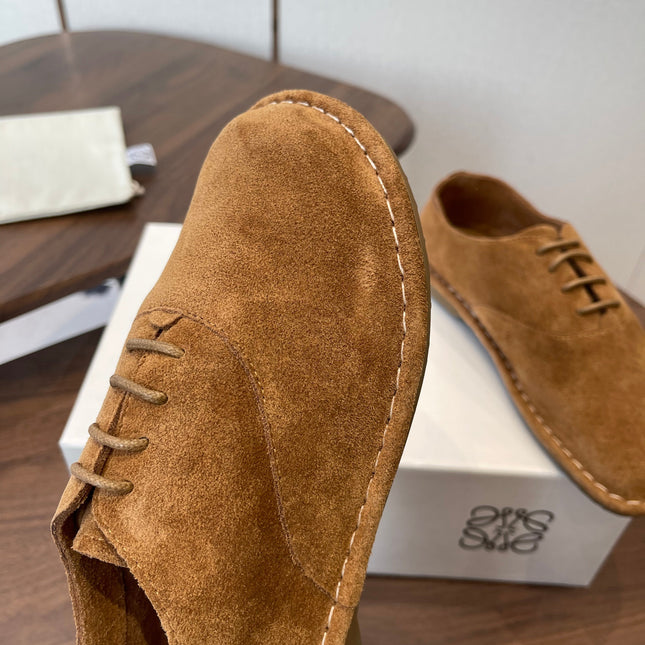 LOEWE 26S FOLIO DERBY SHOES IN DARK BROWN SUEDE