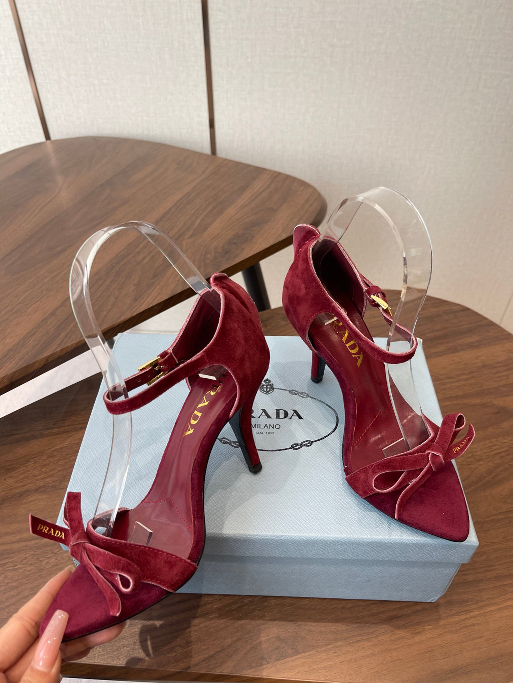 PRADA 26S HIGH HEEL SANDALS 85MM IN BURGUNDY RED SUEDE WITH BOW