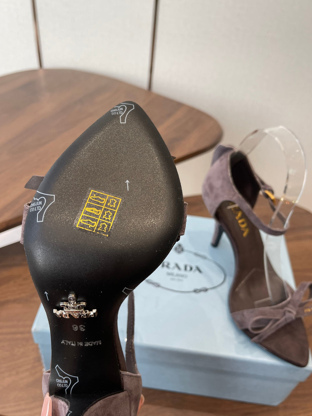 PRADA 26S HIGH HEEL SANDALS 85MM IN DARK BROWN SUEDE WITH BOW